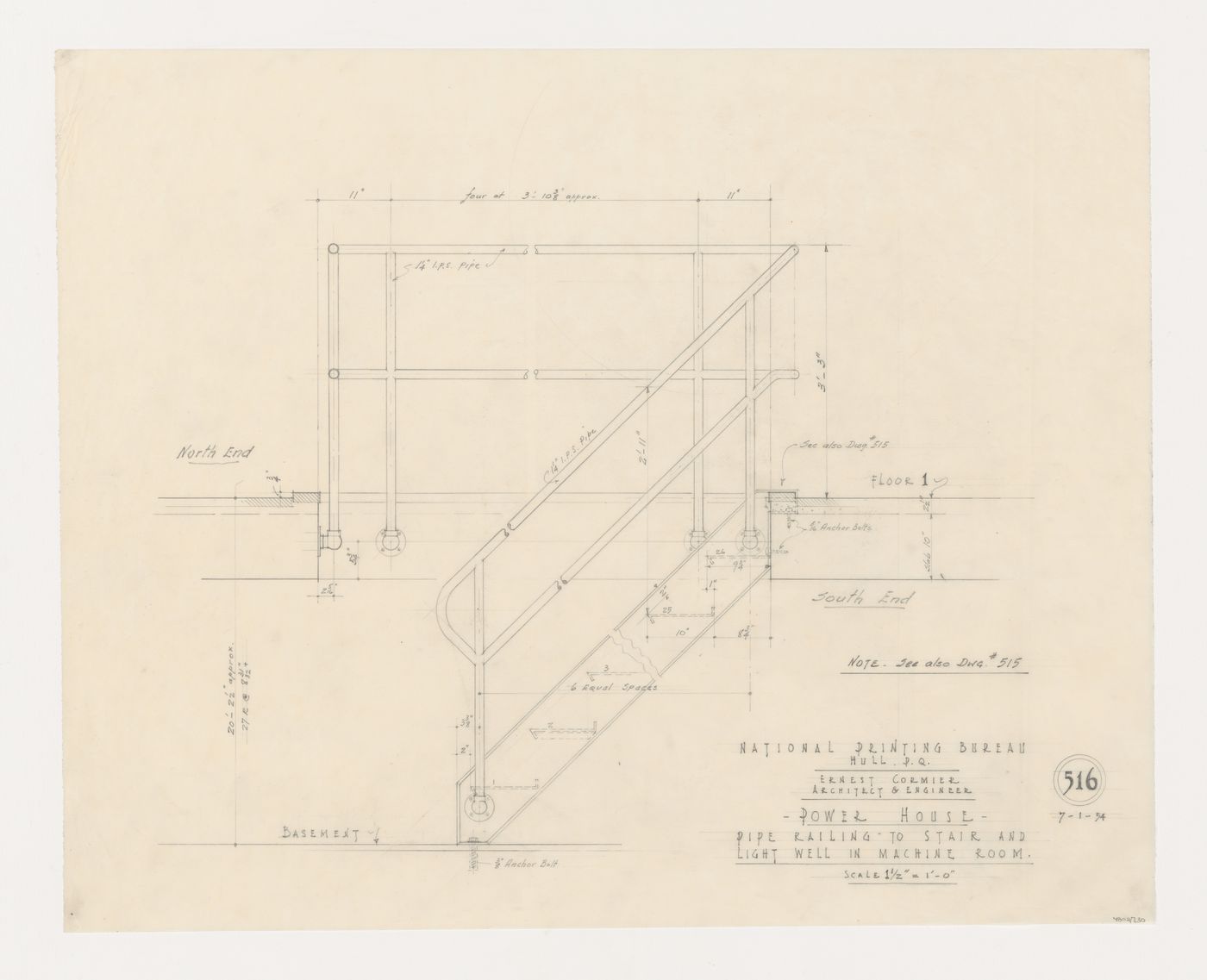 Élévation du garde-corps pour les escaliers et puits de lumière dans la salle des machines, Imprimerie Nationale du Canada, Hull, Québec, Canada