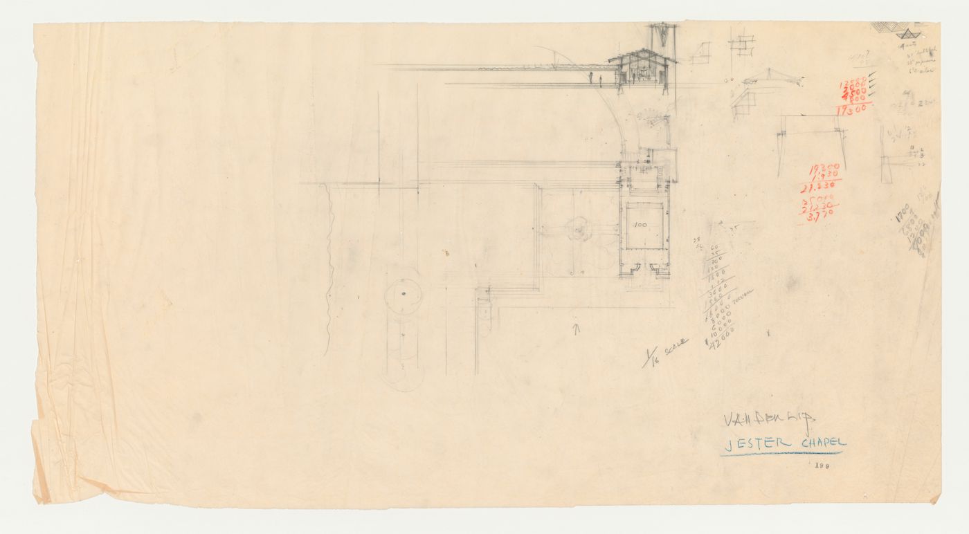 Wayfarers' Chapel, Palos Verdes, California: Partial entrance elevation and partial site plan for the Spanish Colonial design, with other sketches