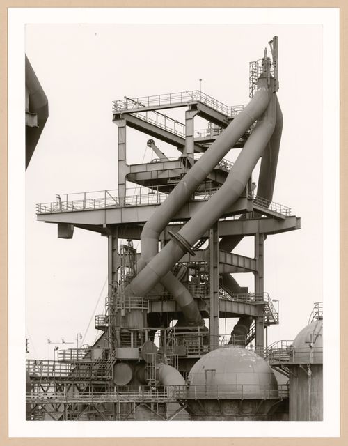 View of blast furnace head A of Metallhüttenwerk industrial plant, Lübeck-Herrenwyk, Germany