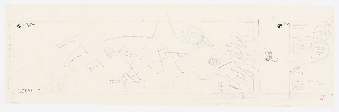 Sketch for library's first level plan and topography, Kansai-Kan of the National Diet Library, Seika, Japan