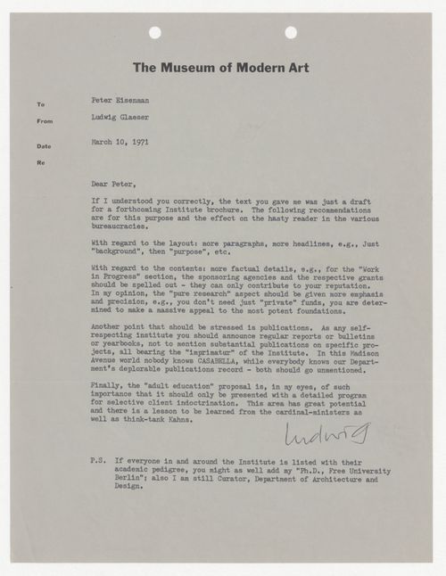 Letter from Ludwig Glaeser to Peter D. Eisenman giving feedback on draft text for an IAUS brochure