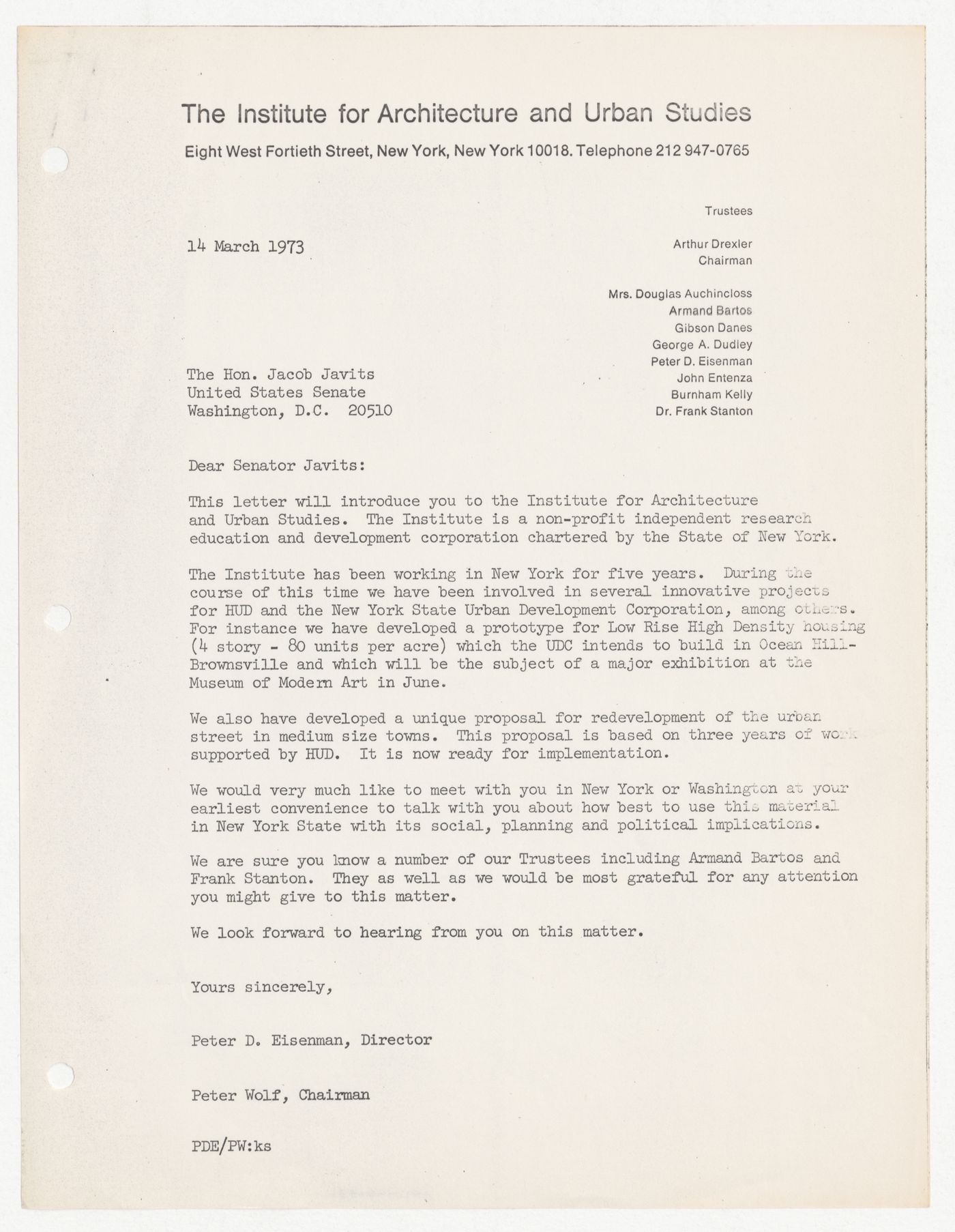 Letter from Peter D. Eisenman and Peter Wolf to Jacob Javits about possible implementation of IAUS projects