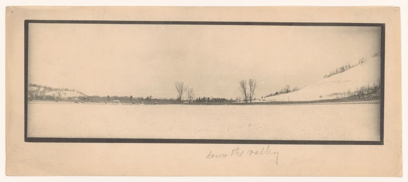 Panoramic landscape view of a snow-covered valley, taken around the Hillside Home School, Spring Green, Wisconsin, United States