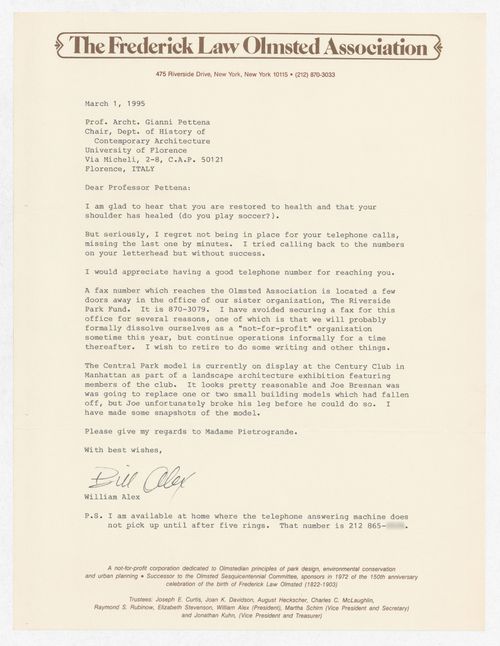 Correspondence with William Alex from The Frederick Law Olmsted Association for the exhibition Olmsted: L'origine del parco urbano e del parco naturale contemporaneo