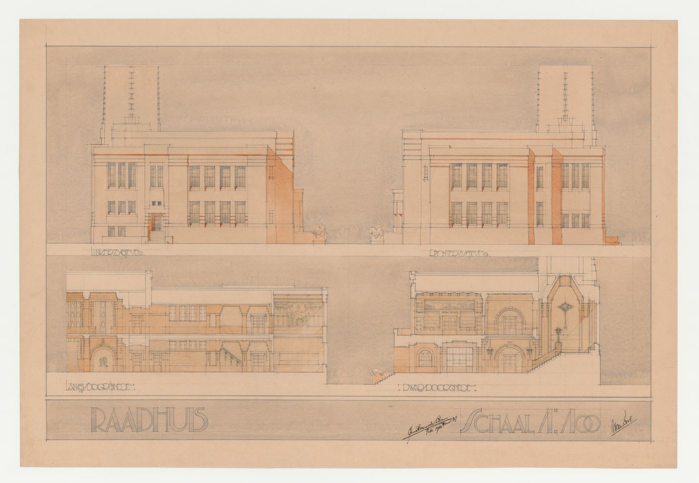 Student presentation drawing showing the sections and lateral elevations for a town hall, Technische Hogeschool Delft, Netherlands