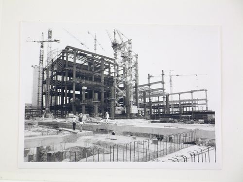 View of construction of steel structure for power station, from exterior, United Kingdom
