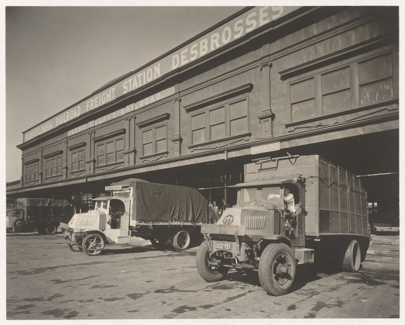 Intersection of West and Desbrosses streets with parked trucks, New York City, New York