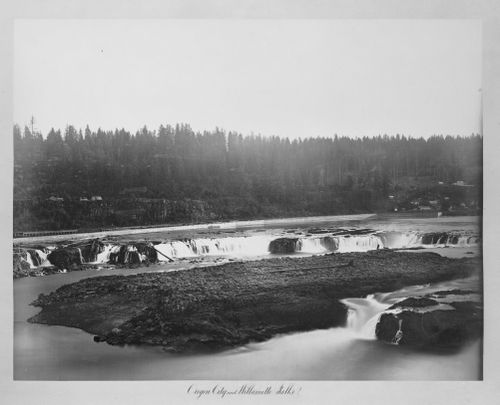 View of Williamette Falls, river, and banks, Oregon City, Oregon