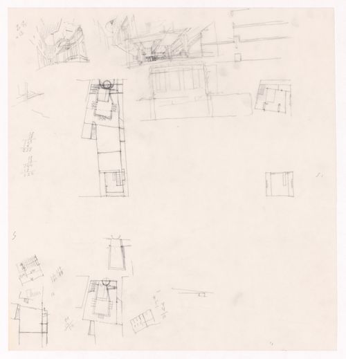 Sketch perspectives, plans and details for Caixa Geral de Depósitos, Matosinhos, Portugal