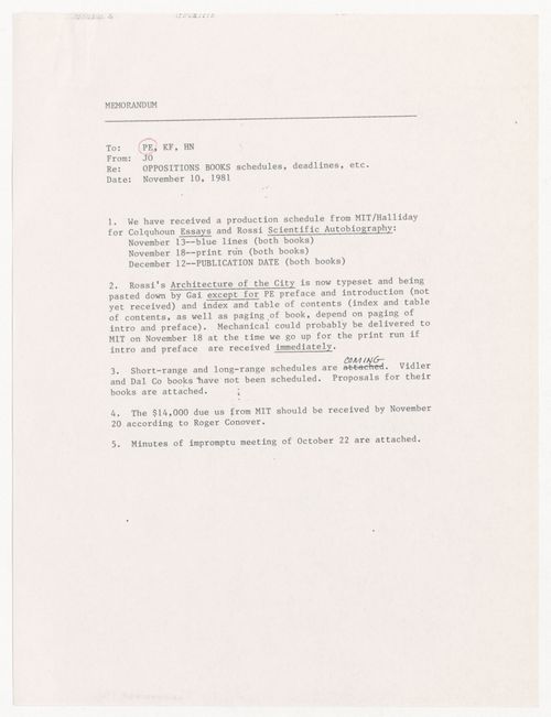 Memorandum from Joan Ockman to Peter D. Eisenman, Kenneth Frampton and Hamid R. Nouri about Oppositions Books production schedule with attached minutes of editorial meeting of October 22nd, 1981