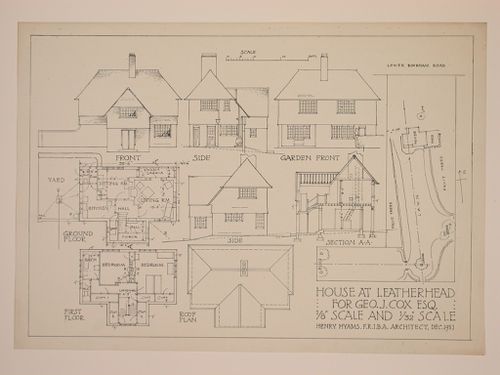 Elevations, plans, and section for the George J. Cox House, Leatherhead