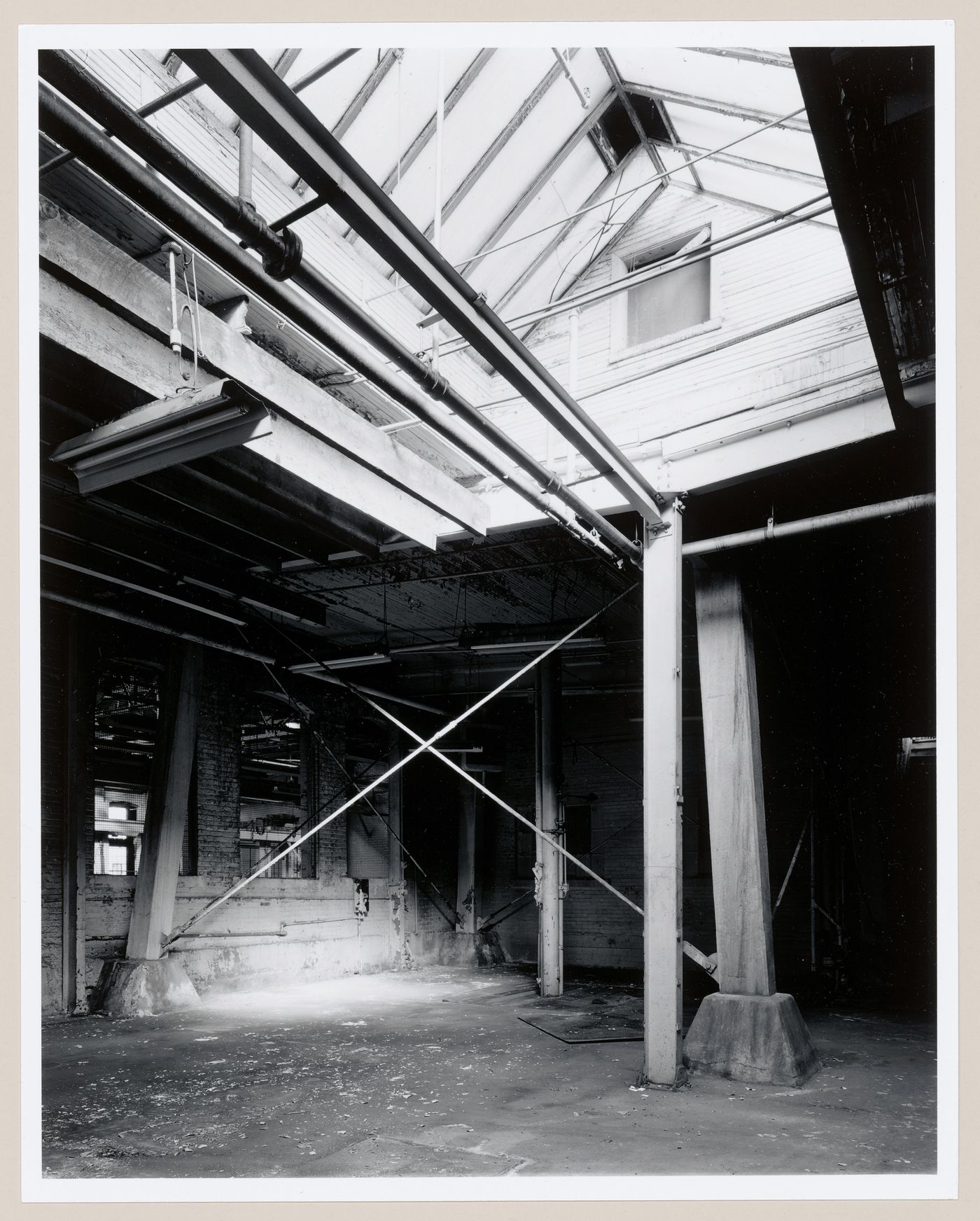 Interior view of the Canadian Switch & Spring Company Building showing the support structure for the water tower on the roof, Montréal, Québec