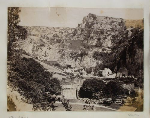 View of town showing river and cliffs, Cheddar, England