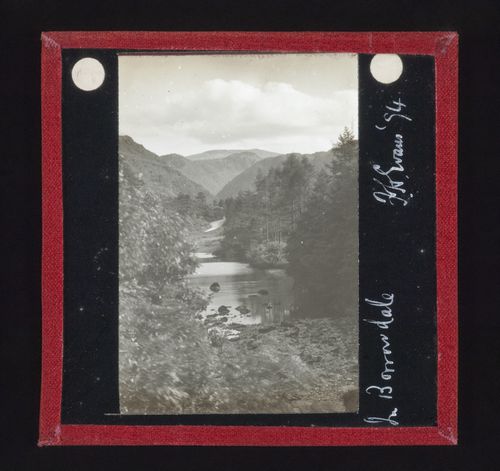 View of water and trees with mountains in distance, Borrowdale, Cumbria, England
