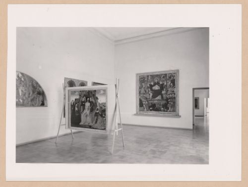 Interior view of a gallery showing paintings, Palazzo Abatellis, Galleria regionale della Sicilia, Palermo, Italy