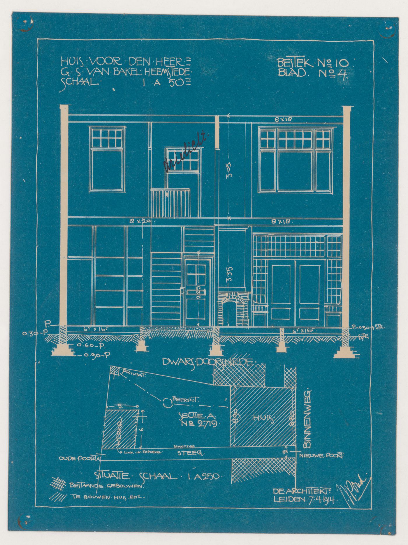 Cross section and site plan for a house and shop with a rectangular plan for Mr. G.S. van Bakel, Heemstede, Netherlands