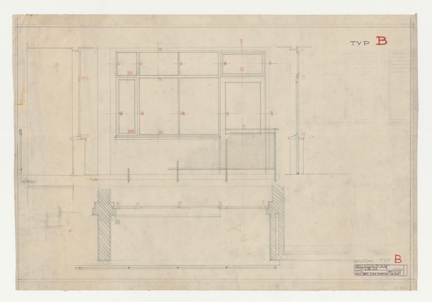 Plan, section, and elevation for a balcony for a type B housing unit, Hellerhof Housing Estate, Frankfurt am Main, Germany