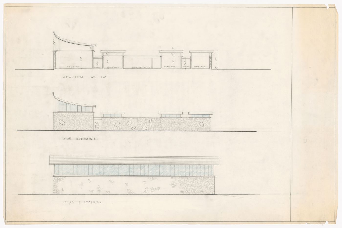 Institute of Music and Fine Arts elevations and section for J&K Academy of Art, Culture and Languages, Jammu, India