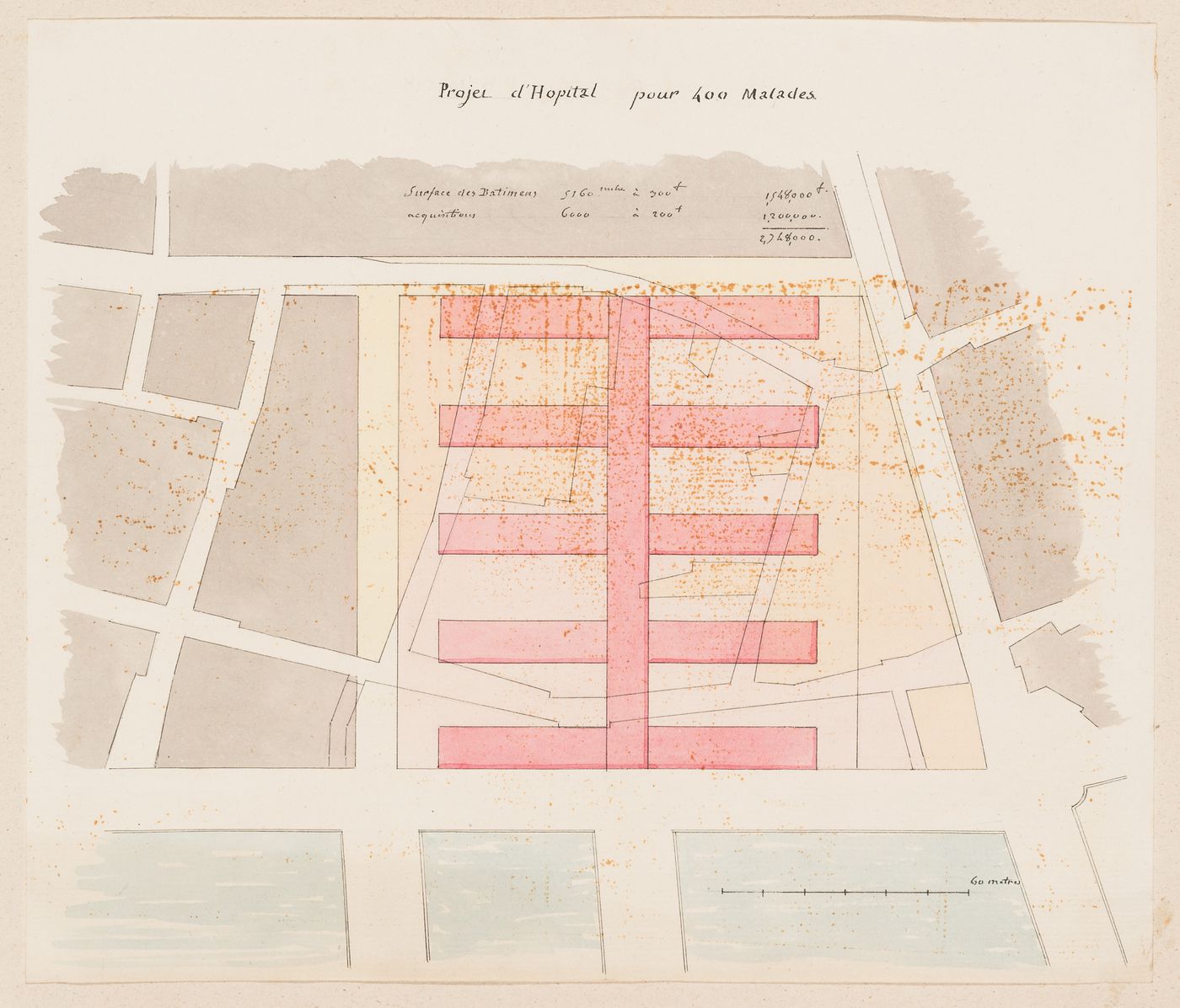 Ideal hospital for 400 patients, place du Parvis-Notre-Dame, Paris: Block plan