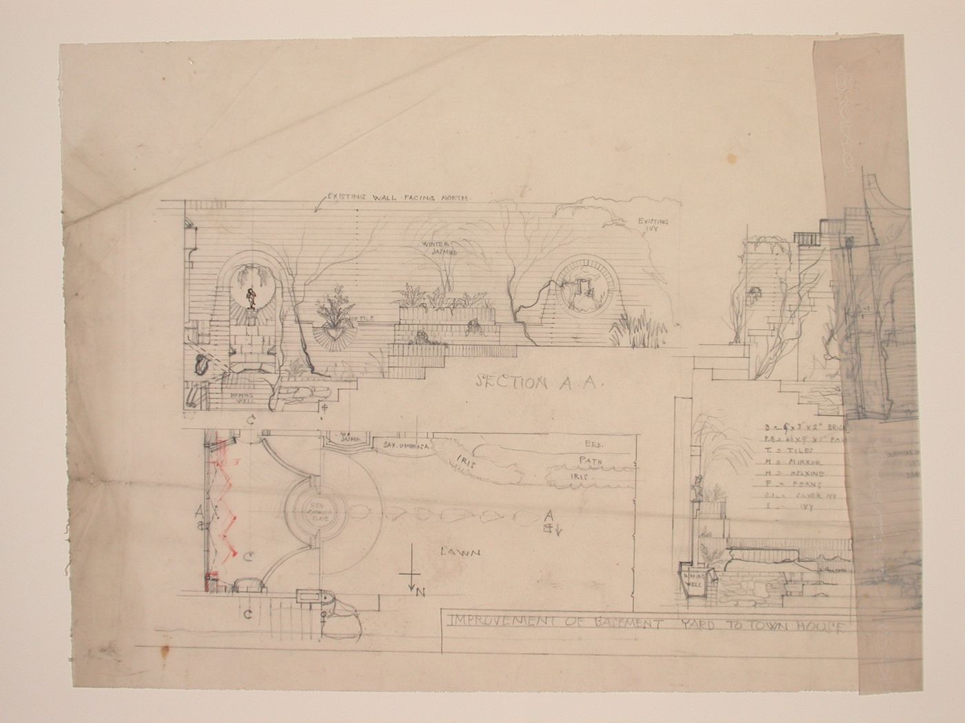 Sketch sections, plan, and elevation for improvements to a town house yard