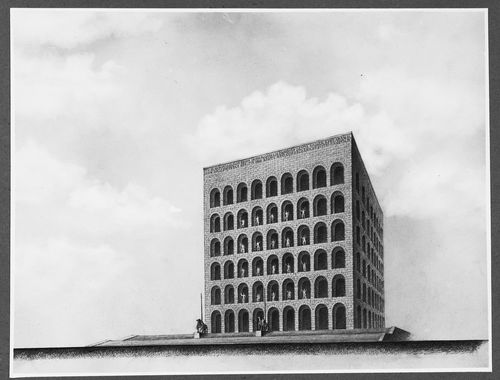 View of a drawing for the Square Colosseum building for the E42 1942 Rome Universal Exhibition