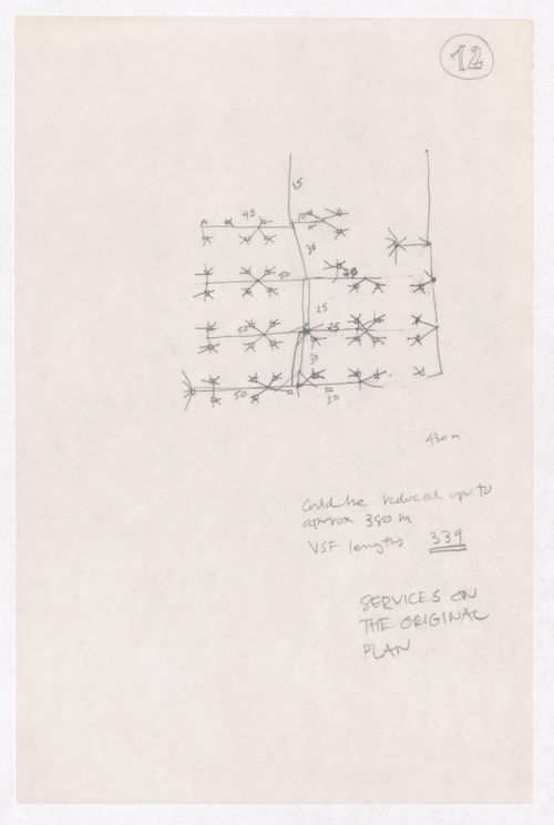Sketch possibly showing plots services for Minimum Cost Housing Group's plot in Aranya township, India, for Aranya Housing Project