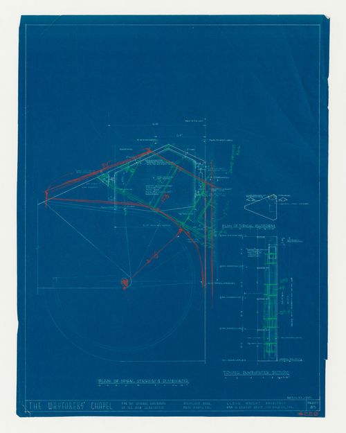 Wayfarers' Chapel, Palos Verdes, California: Plan for campanile stairway and plan and section for dumbwaiter