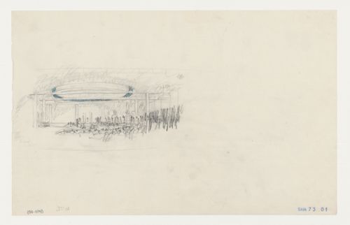 Interior sketch perspective for the Chapel of the Holy Cross showing a service underway, Woodland Crematorium, Woodland Cemetery, Stockholm, Sweden