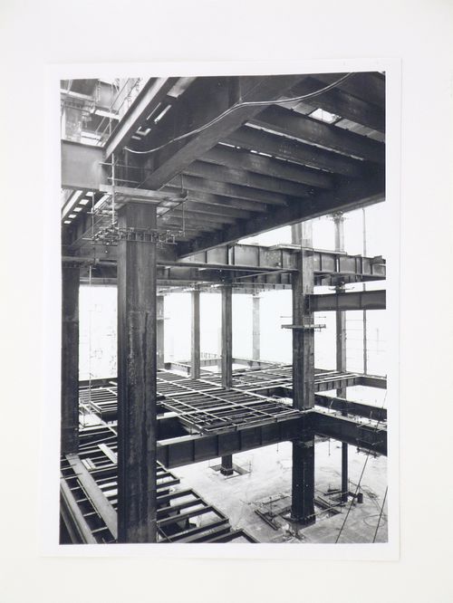 View of steel beams used for construction of power station, from interior, United Kingdom