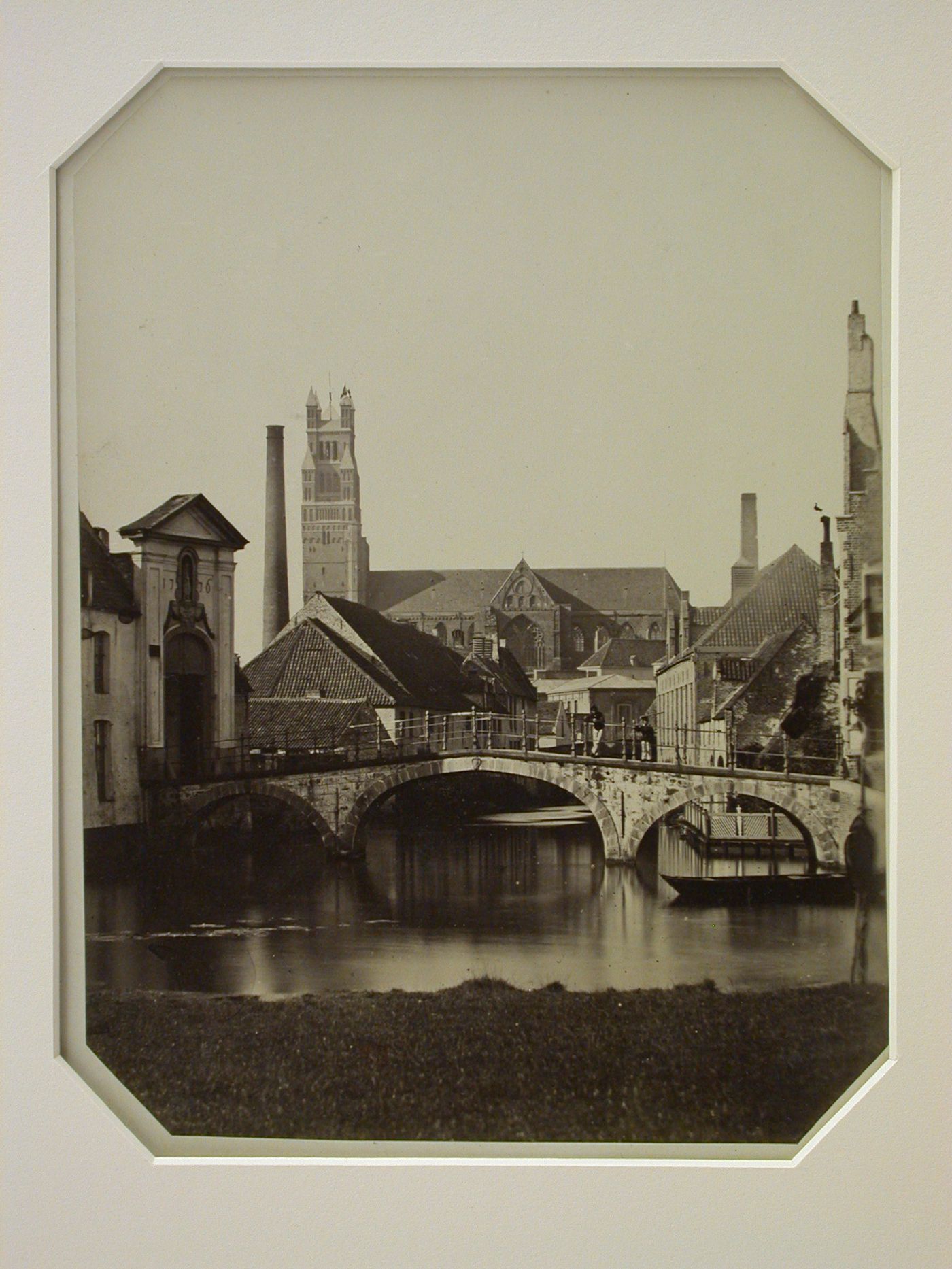 Distant view of St. Sauveur from south east [?], with bridge in foreground, Bruges, Belgium