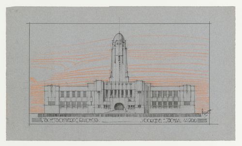 Student drawing showing the principal elevation for a town hall, Technische Hogeschool Delft, Netherlands