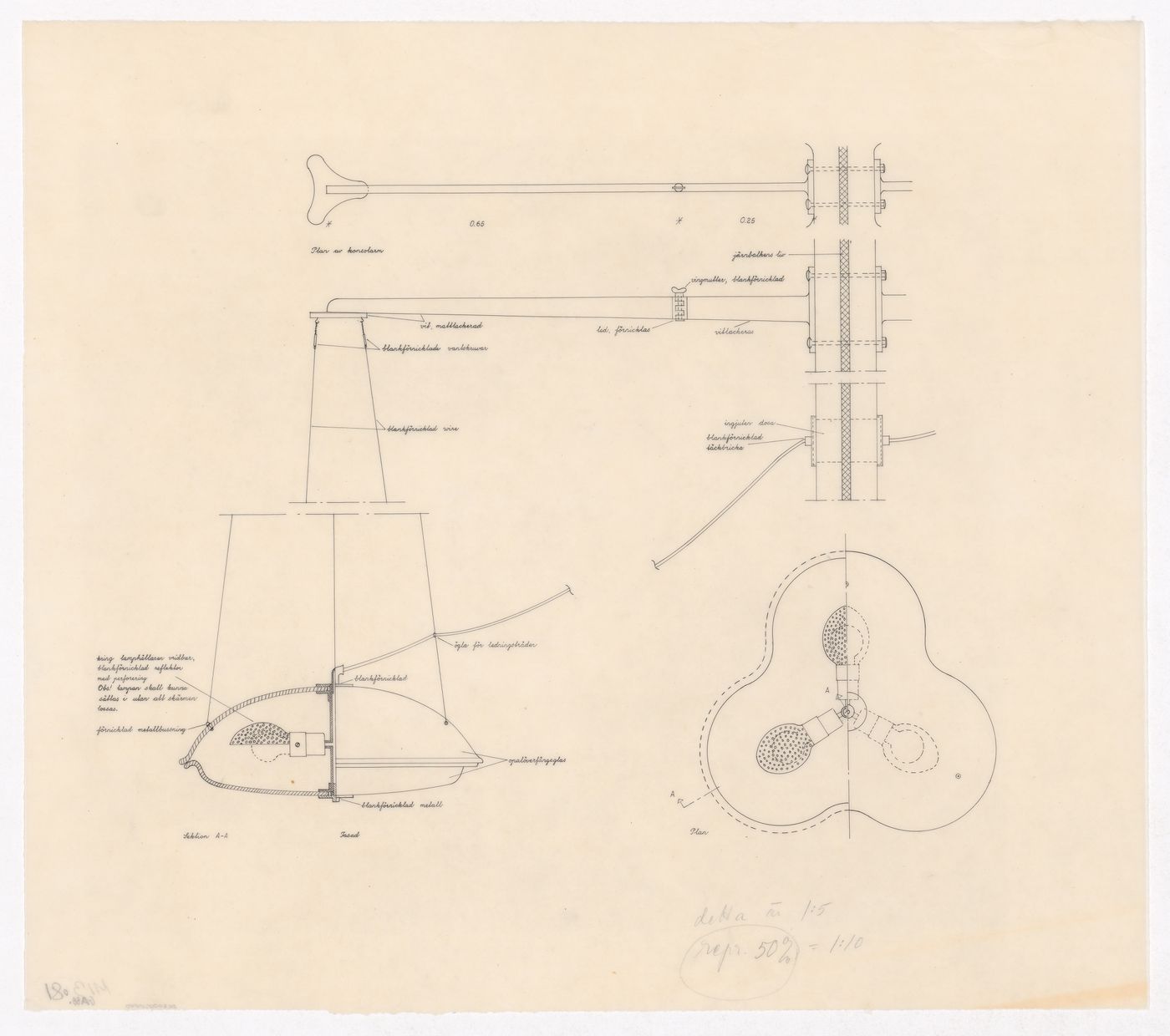 Plans and a section for lighting fixtures with specifications, Göteborgs rådhusets tillbyggnad [courthouse annex], Göteborg, Sweden