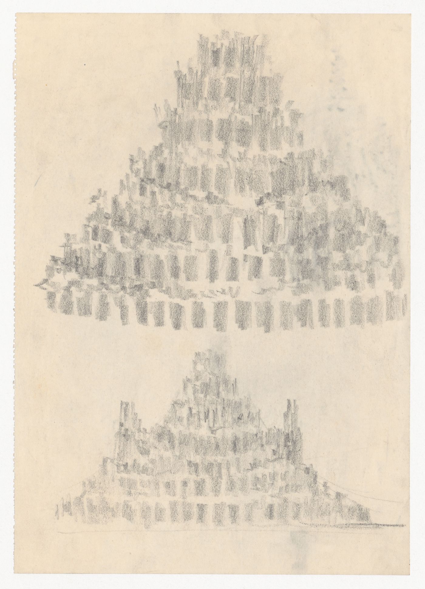 Two massing sketches for the Festival Theatre, Salzburg.