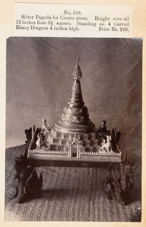 View of centerpieces, F. Beato Limited, C Road, Mandalay, Burma (now Myanmar)
