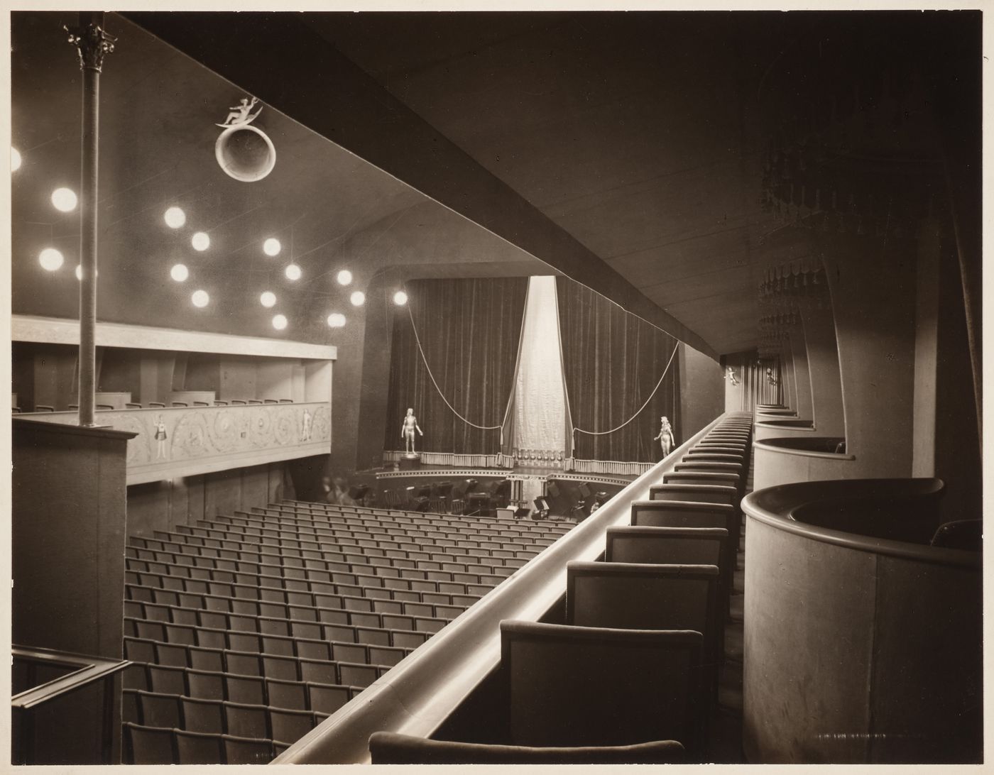 Interior view of Skandia Cinema showing the stage from the gallery, Stockholm