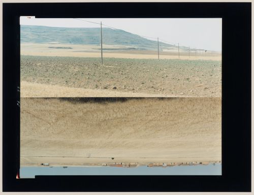 Diptych of agricultural land and farms in one image, agricultural land, utility poles and a hill in the other image, Castrojeriz, Burgos Province, Spain (from the series "In between cities")