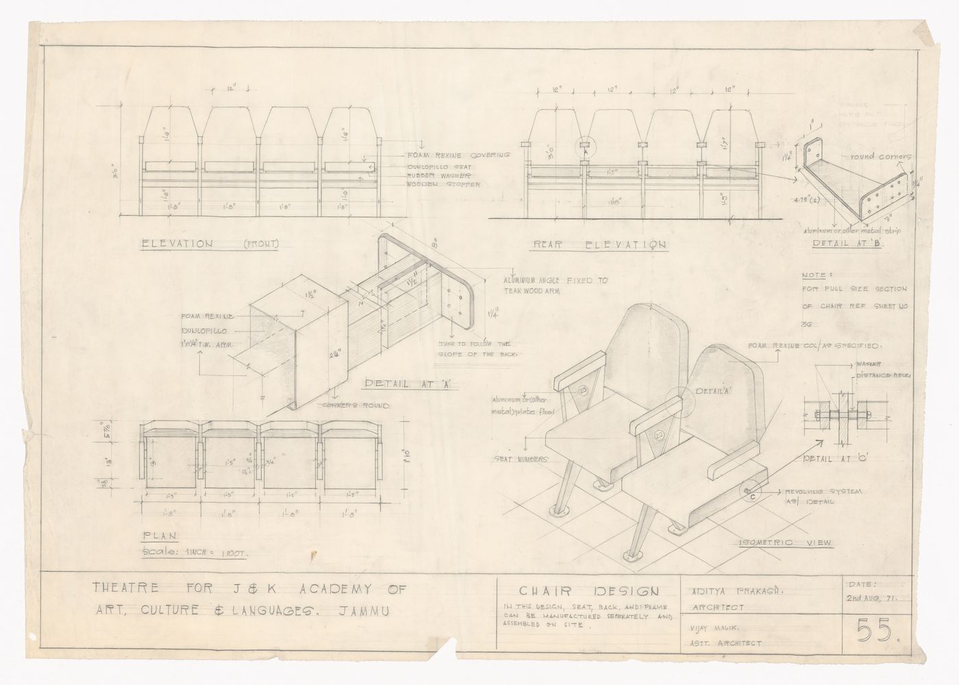 Audience chair drawings for Theatre for J&K Academy of Art, Culture and Languages, Jammu, India