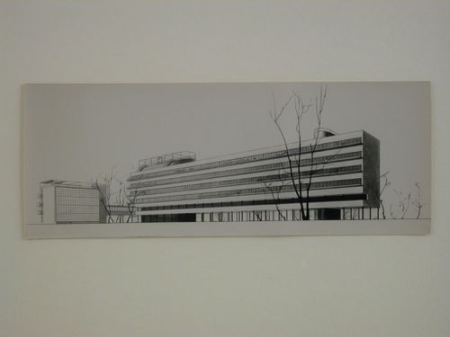 Photograph of a perspective drawing for the People's Commissariat for Finance (Narkomfin) Apartment Building, 25 Novinskii Boulevard, Moscow