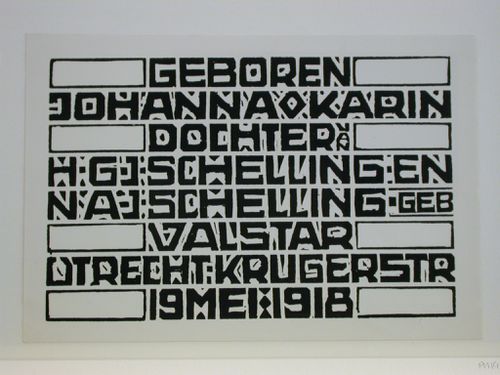 Photograph of a birth announcement card designed by Gerrit Thomas Rietveld for Mr. and Mrs. Schelling