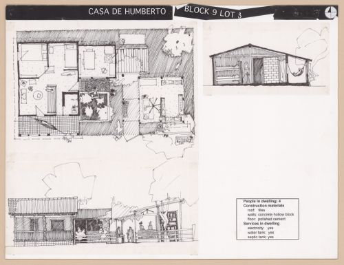 Presentation panel with floor plan, section, and elevation of Casa de Humberto for the Urban Upgrading project La Esperanza, in Zihuatanejo, Mexico
