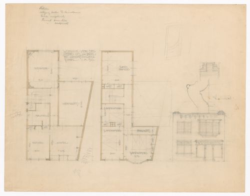 Ground and first floor plans and principal elevation for a house and shop with an L-shaped plan for Mr. G.S. van Bakel, Heemstede, Netherlands