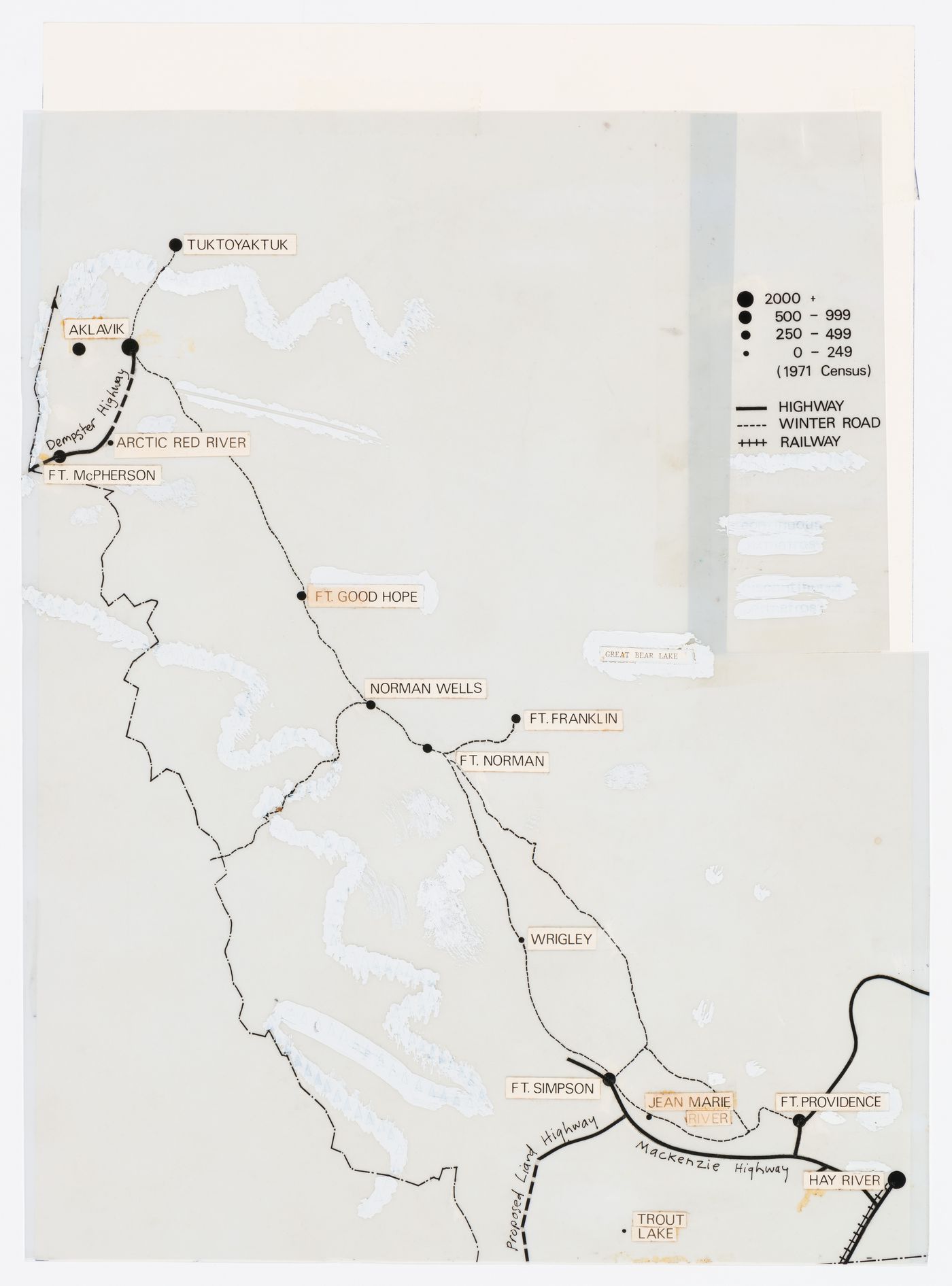 Map of the Mackenzie Valley region, Northwest Territories, showing communities, highways, winter roads and the railway