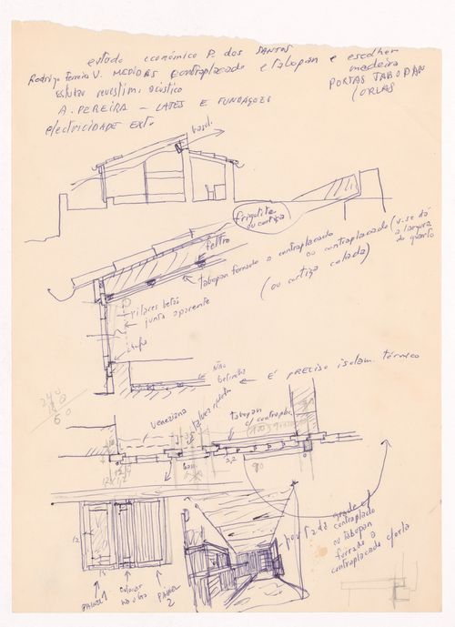 Sketch details, section and perspective with annotations for Casa Rui Feijó, Moledo do Minho, Caminha, Portugal