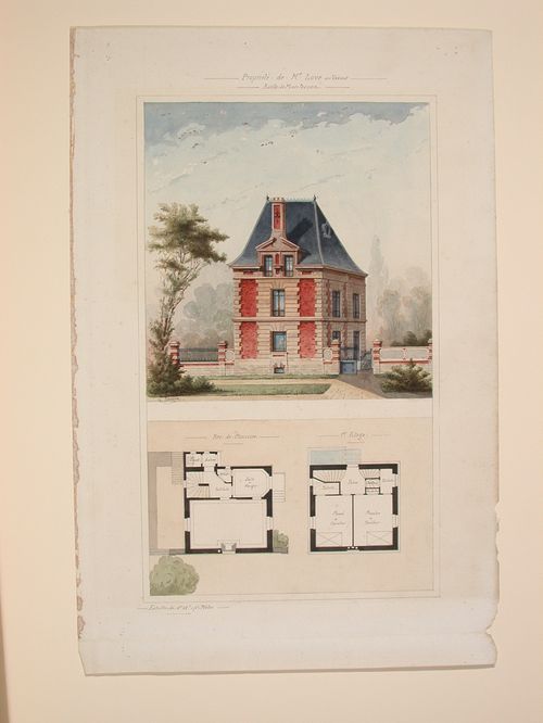 Rendered elevation and plans for the Henri Love House, Le Vésinet