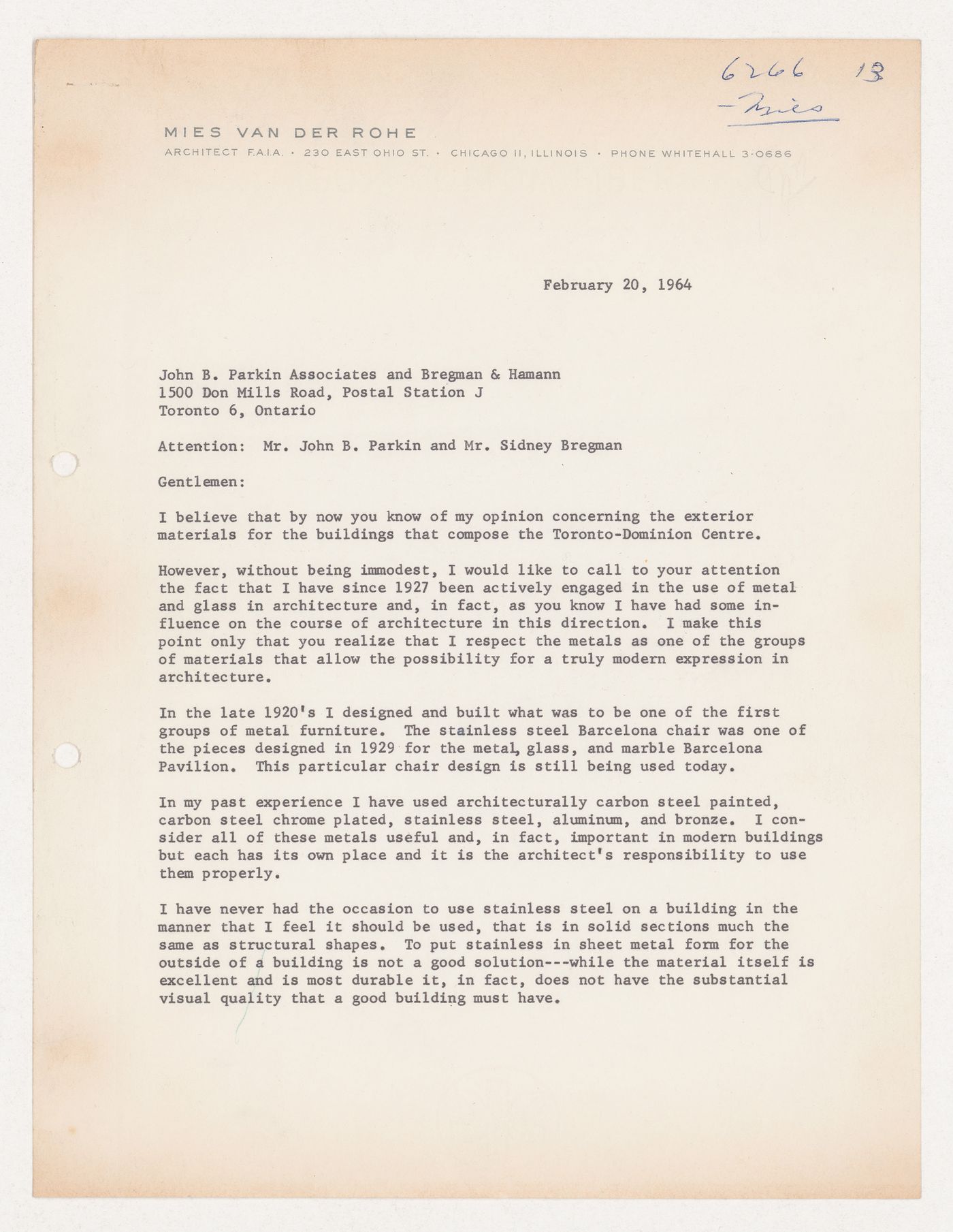 Lettre from Mies van der Rohe to John B. Parkin and Sidney Bregman about the Toronto-Dominion Centre in Toronto, Canada