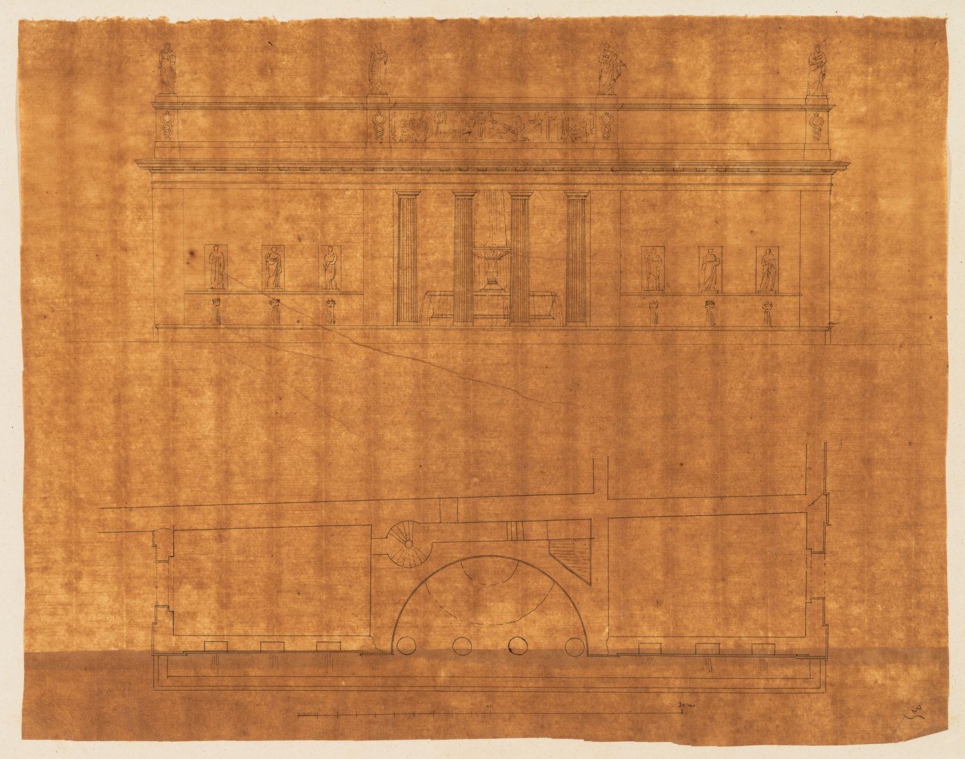 Project for the redevelopment of the École de médecine and surrounding area, Paris: Elevation and plan for a variant design for a fountain for the Clinique de l'École de médecine