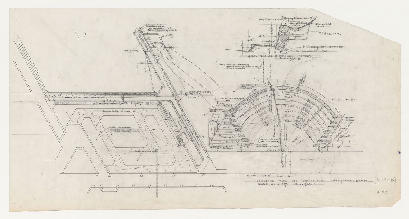 Wayfarers' Chapel, Palos Verdes, California: Partial site plan including ground cover for cloister garden and grading for amphitheatre, with a section through the amphitheatre