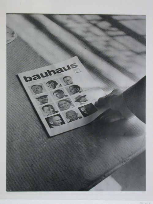 View of the magazine Bauhaus-Zeitschrift, No. 2/3, 2nd year, 1928 being placed on a flat surface, Dessau, Germany