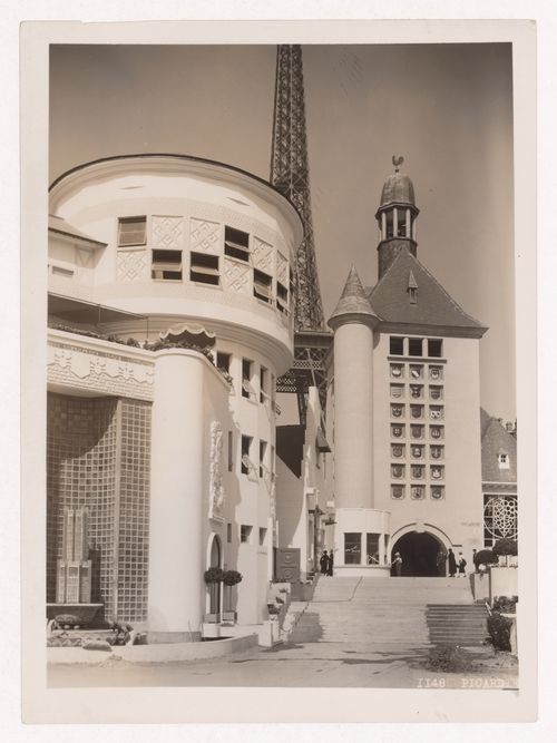 Partial view of Champagne's pavilion in the foreground and Picardie's pavilion and Tour Eiffel in the background, 1937 Exposition internationale, Paris, France