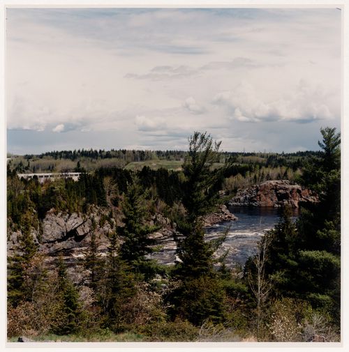 Section 3 of 4 of Panorama of the Shipshaw hydro-electric site, looking northeast, showing pylon, dam, power station, and Saguenay River